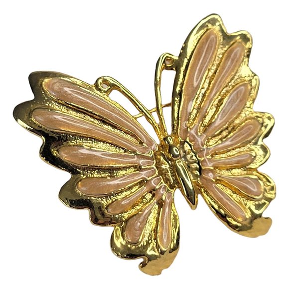 AAI Peach Enamel Butterfly Brooch Pin Gold Tone Iridescent Vintage 1 3/4" - Picture 4 of 8